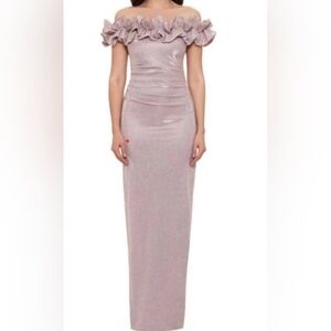 Xscape Glitter Ruffle Off the Shoulder Gown in Blush/Silver at Nordstrom